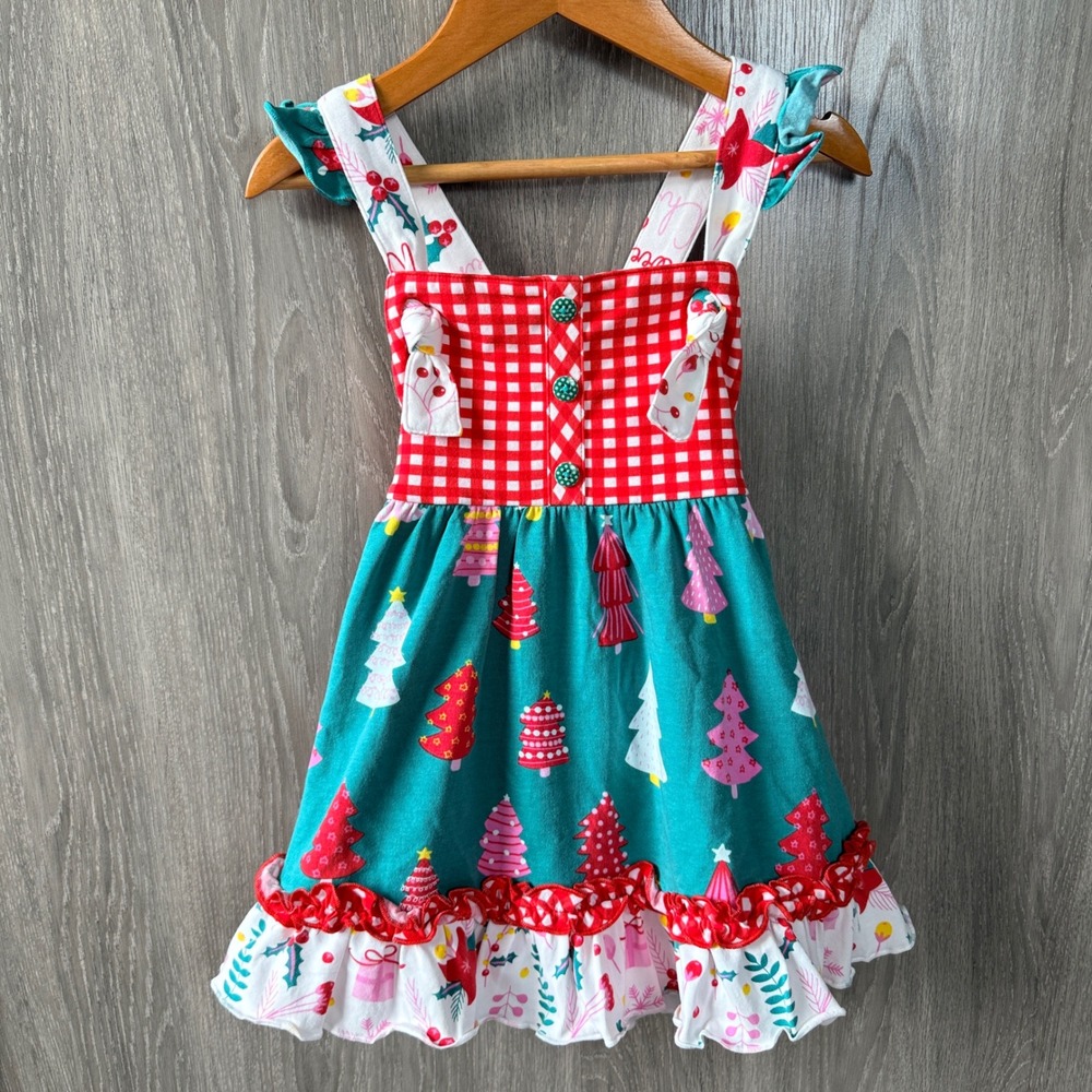 Cotton Castle Christmas Knot Dress Girls 2 Teal Red Gingham Tree Ruffle Holiday